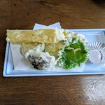 喜さ起 - 湯葉とお野菜の天ぷら(湯葉、大葉、椎茸、れんこん、さつまいも)