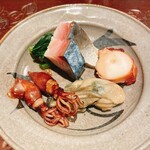 天ぷら たけうち - 対馬の鯖、富山ホタルイカ、タコの桜煮、牡蠣のオイル煮