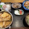 Ishi sanchi - 石さん家定食（ミニ天丼、ビンチョウ・ヒラメ・イカ刺身、小鉢×2）