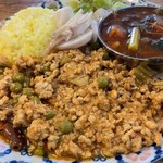 Higashishinjuku Sanrasa - 「キーママタール」と「高菜といり豆のネパール風スープカレー」の、あいがけ(1400円)