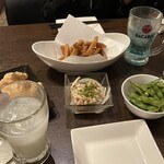 Dining酒場&cafe SOL - 枝豆（お通し）・ごぼうの唐揚げ・エビマヨ・鶏皮ポン酢・ラムネサワー・カルピスサワー
