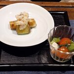 料理旅館 奥飛騨山草庵 饗家 - 川鱒のリコッタチーズ春巻き 薩摩芋のバター焼き 林檎蜜漬けヨーグルト和え 　川鱒燻製 モッツァレラチーズ