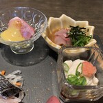 Ono No Hanare - お刺身の盛り合せ　長崎の天然よこわの酢味噌和え、長崎の鯖の胡麻鯖、北海道のたち