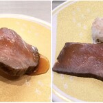 Hamazushi - 久々に肉寿司を食べた。シャリ半分指定の場合はこんな感じになる。(呑みモードの場合はこれすら要らないのだけど)