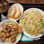 倅 Ｂ食 - Bセット(若鶏の唐揚げ、揚げエビ餃子、エビ入りやきめし、味噌汁)¥1150  量はそれほどでもないがやきめしの油っこさに苦戦した。不定休や早めの閉店多めなので注意だ。