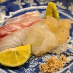 道人 - ⑥伊勢海老(兵庫県淡路島産)
      ⑦真鯛(兵庫県明石産、雄、昼締め)
      酢橘&山葵&藻塩