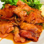Soba Chou - ランチ日替わりセット　豚の焼肉定食　７８０円（税込）の豚の焼肉のアップ【２０２４年３月】