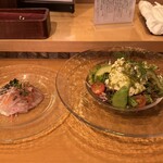 MARE di SAKAI - 白身魚カルパッチョ、自家製豆腐とバジルのサラダ