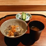 鈴田式 - 薪焼きの蛍烏賊と筍､桜海老の素揚げ､赤だし､香の物