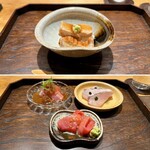 御料理 ふじ田 - 向付：炙りサワラ、金目鯛、塩釜産まぐろ黄身醤油、お凌ぎ：噴火湾の煮穴子の飯蒸し