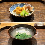 御料理 ふじ田 - 冷やし物：ウニ、ゆば、ホッキ貝の酢の物
        炊き合わせ：19kgのクエの酒蒸し＆聖護院大根、春菊