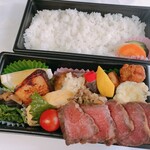 Saikyoyaki Bento (boxed lunch) with plenty of Miyazaki beef, fried blowfish, and gindara