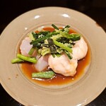 日本料理 山崎 - 河豚白子と河豚炙りぶつ　あさつきとワサビの河豚出汁醤油和え