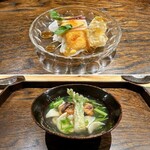 御料理 ふじ田 - 冷やし物：九州産ふぐの昆布〆＆煮凝り、あん肝ジュレ
      　炊き合わせ：ズワイガニときくらげの飛龍頭＆タラの芽の天ぷら、百合根とせりの餡
      