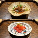 御料理 ふじ田 - 向付①：大分産天然シマアジの藁焼き、辛味大根 　向付②：塩釜産トロ玉