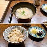 御料理 ふじ田 - お食事：サクラマス＆揚げ九条ネギの土鍋ご飯、ふぐ雑炊