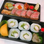 Large shrimp lettuce roll, deep-fried blowfish, Miyazaki beef Steak Bento (boxed lunch)