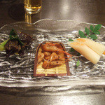 藤吉 - 国産たらを喰べる会(5000円)の前菜。ねぎときくらげのぬた、えび、なます