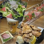 神田まぐろ漁港 - 生ビール＆お通し・サラダ・マグロカルパッチョ・鶏唐揚げ