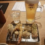 Sobakichi - 串天盛合せ５本７５０円＆生ビール５９０円