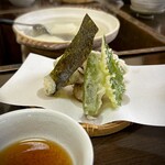 Okutan Kiyomizu - 精進天麩羅
                        ししとう、海苔、大葉、椎茸、里芋饅頭、かぼちゃ。
                        旨みの濃い椎茸と里芋饅頭がよろしおすなぁ(^^)