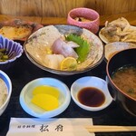 Nihon Ryouri Matsufu - サービス定食(税込1,100円)
                        ①お刺身(烏賊と魚？)②魚(真名鰹？)西京焼き③薩摩芋と玉葱のかき揚げ④菜の花の酢味噌和え⑤椎茸&占地の茶碗蒸し⑥白ご飯⑦赤出汁⑧お漬け物(沢庵)
                        田舎の懐石定食かな