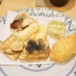 割烹 はらだ - 河豚唐揚げ、白子、空豆、椎茸、白アスパラ