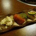 なん天 - 湯葉豆腐、藻塩、北村わさび・明石産鯵棒寿司・夢咲トマト、菜の花、レモンジュレ