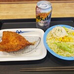 松屋 - アジフライ、ポテサラ生野菜、生ジョッキ缶