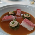 ドミニク・ブシェ トーキョー - 金目鯛のヴァプール　ほうれん草のブルグル　スープ・ド・ポワソン