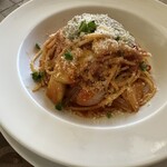 Torattoria Rau Raitariko Piatthino - 【2024.3.30(土)】パスタランチ（並盛・90g・新じゃがと新玉葱のトマトソース焼きなすのピュレ添えパスタ）1,180円