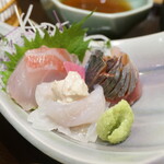 Hanakougen - お造り：鯵・カワハギと肝・黒鯛
