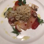 マッシュルーム - 今治藤本氏の神経締めブリのカルパッチョ 京都実山椒ドレッシング 