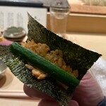 Sushi Yuu Tsumugi - プリン巻き。あん肝ペーストとキューリ。