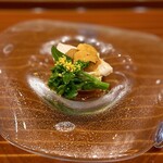 錦と吟 - 新玉ねぎ豆腐・蒸し鶏・うに・小松菜の菜の花