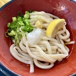 Shirakawa Udon - ぶっかけうどん冷1玉300円。レモン、おろし付き。ネギ、しょうがはセルフ。麺太めコシ強め。美味しい一杯でした。