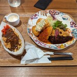 洋食屋 キッチンゴン 六角店 - Ｃゴンランチ、ビフカツメインでホタテフライとカニコロのセットに。ピネライスは薄くしたブタを使ったピネカツを乗っけたカレーかけチャーハンで。セットのカスタマイズ性が高い！