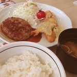 おはしカフェ・ガスト - ハンバーグ醤油ソースとごぼうつくね天ぷら&白身フライ