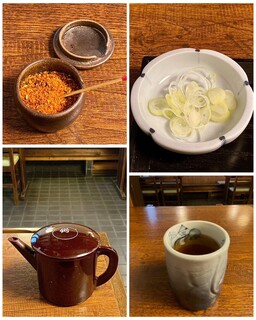 gansokamonambanhonke - 薬味　七見唐辛子　ほうじ茶　そば湯