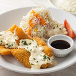 Fried white fish with homemade tartar sauce (comes with salad, soup, and rice)