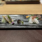 Hibiya Kanimitsu - アカヤガラ　毛蟹の湯引き