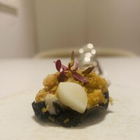 レミニセンス - ① 【雲丹】
                    ★ 海苔のチップス、水烏賊のマリネ、コシアブラのソテー、根室産の雲丹、百合根のせと自家製唐墨かけ