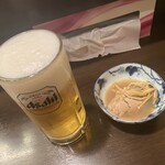 菜香餃子房 - 生ビール、かきの紹興酒漬け