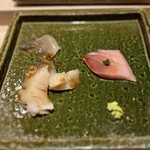 Sushi Itsutsu - お造り：①北海道真つぶ貝②三重トロサワラ③福井メジマグロ（本鮪の子供）