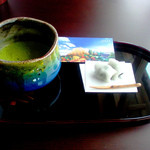 辻家庭園 - 抹茶と和菓子（チケット半券には，リノベ中の昨年秋の景色）