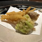 奈良 而今 - 揚物　白魚(宍道湖)カラスミ揚げ　一寸豆天ぷら　　　蛍烏賊(富山)天ぷら