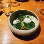 ドンブラボー - 鮎のコンフィ（加賀太きゅうり、シャインマスカット、ヨーグルトソース、おかひじき、ケールパウダーなど）