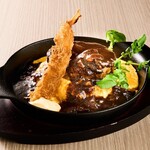 鉄板ハンバーグオム&海老フライ