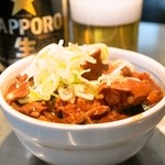 Kitsuneya - 2014.2 ホルモン煮（600円）、ビール中瓶（550円）