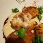 レフェルヴェソンス - 26年2月　鱈の白子と子ジャガイモのフリット、燻製ブランダードのピュレとビマンデスブレット、唐墨と香りの葉　アップ　（より道）